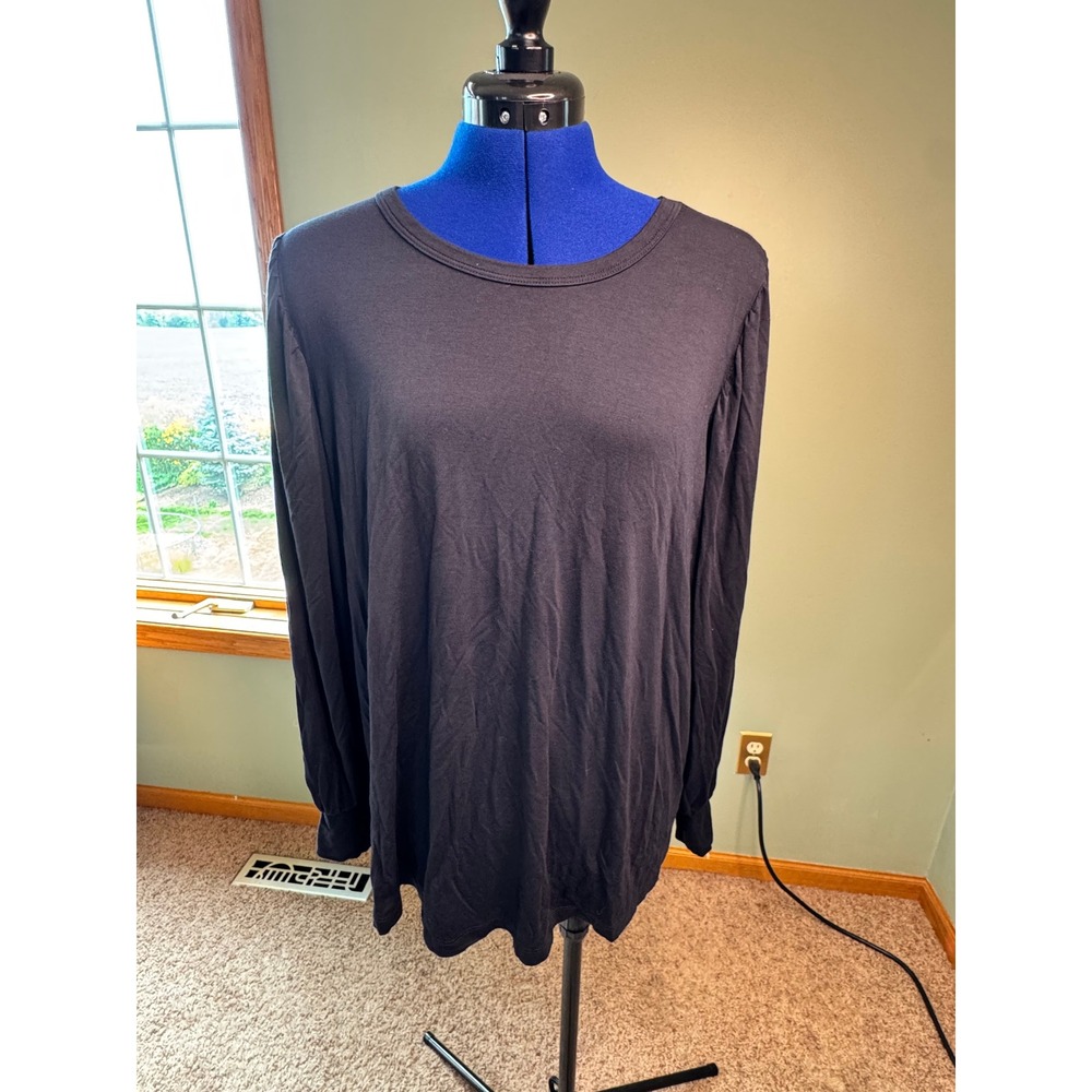 ModCloth Womens Plus 1X Black Long Sleeve Puff Shoulder Crew Neck Top Rayon